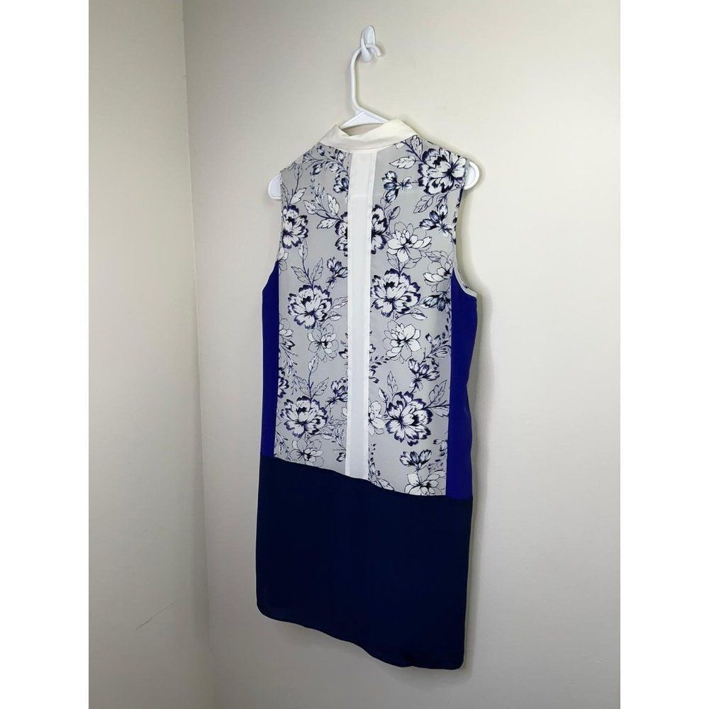 Rebecca Taylor Blue Color Block Floral 100% Silk Sleeveless Shirt Dress 4 - Picture 7 of 9